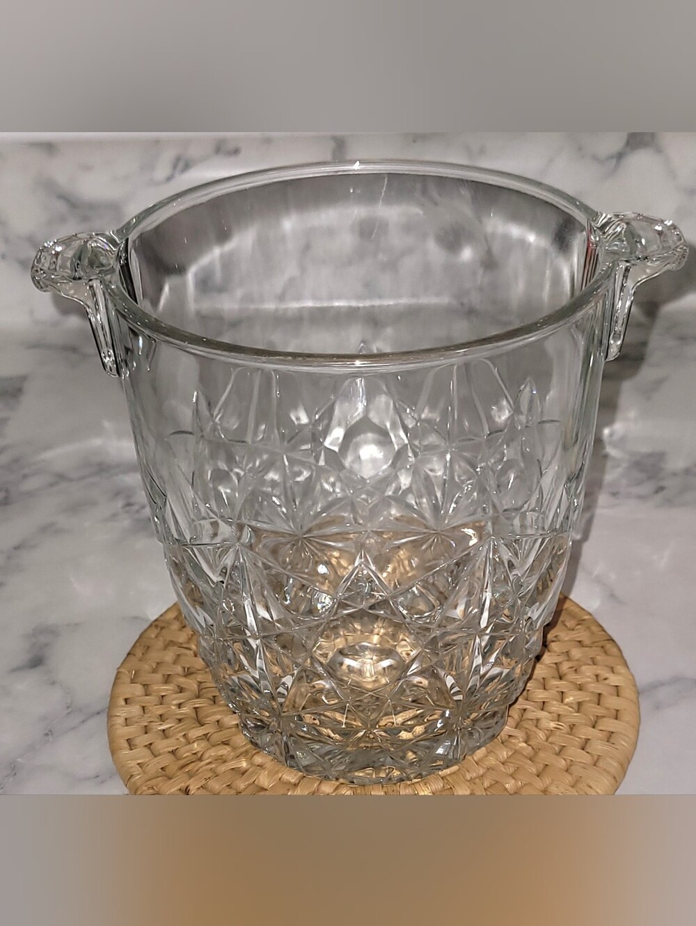Clear Glass Ice Bucket with Handles - Classic Crystal Diamond Star Style Design